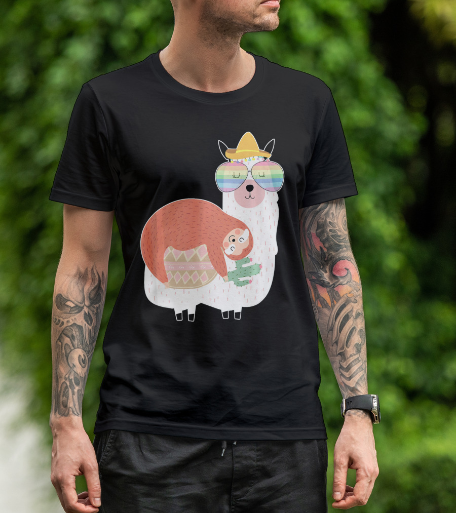 Cute Llama (Alpaca) And Sloth Best Friends Rainbow Glasses Hat T-Shirt