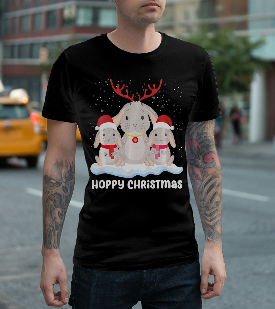 Hoppy Christmas Cute Bunny Family with Santa Hats and Reindeer Antlers T-Shirt