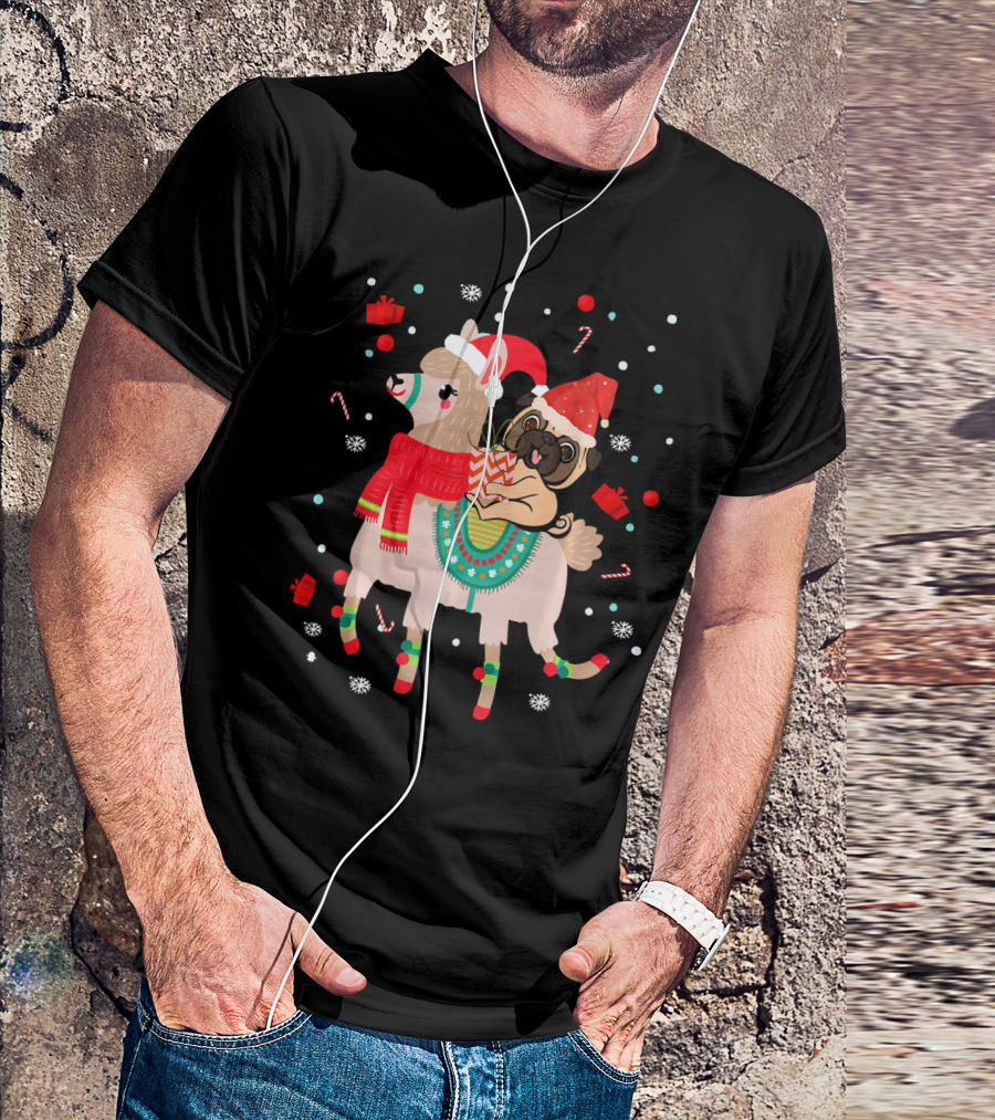 Christmas Pug Llama With Santa Hats And Gifts T-Shirt