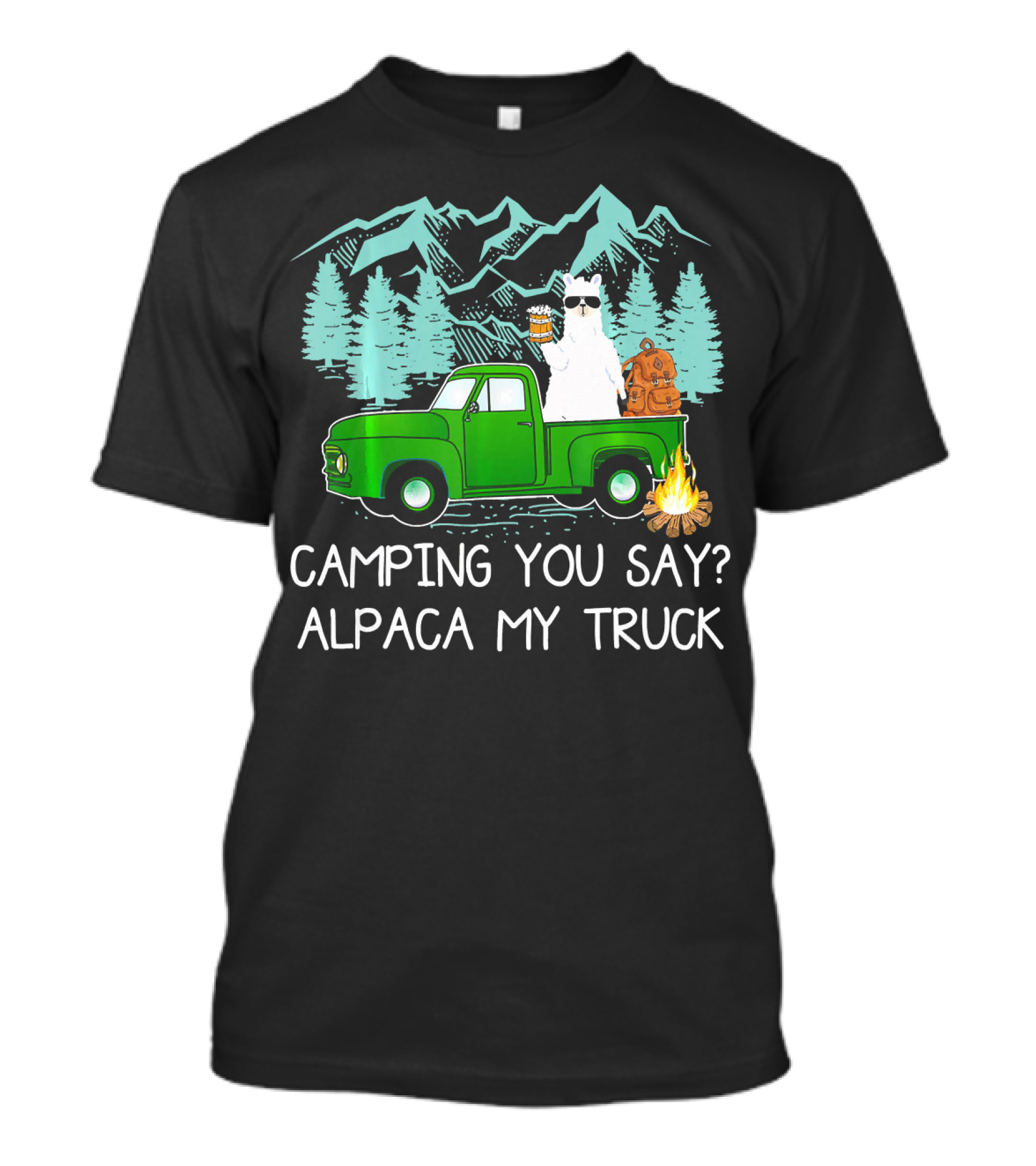 Camping You Say Alpaca My Truck Llama Mountains Campfire Forest Scene T-Shirt