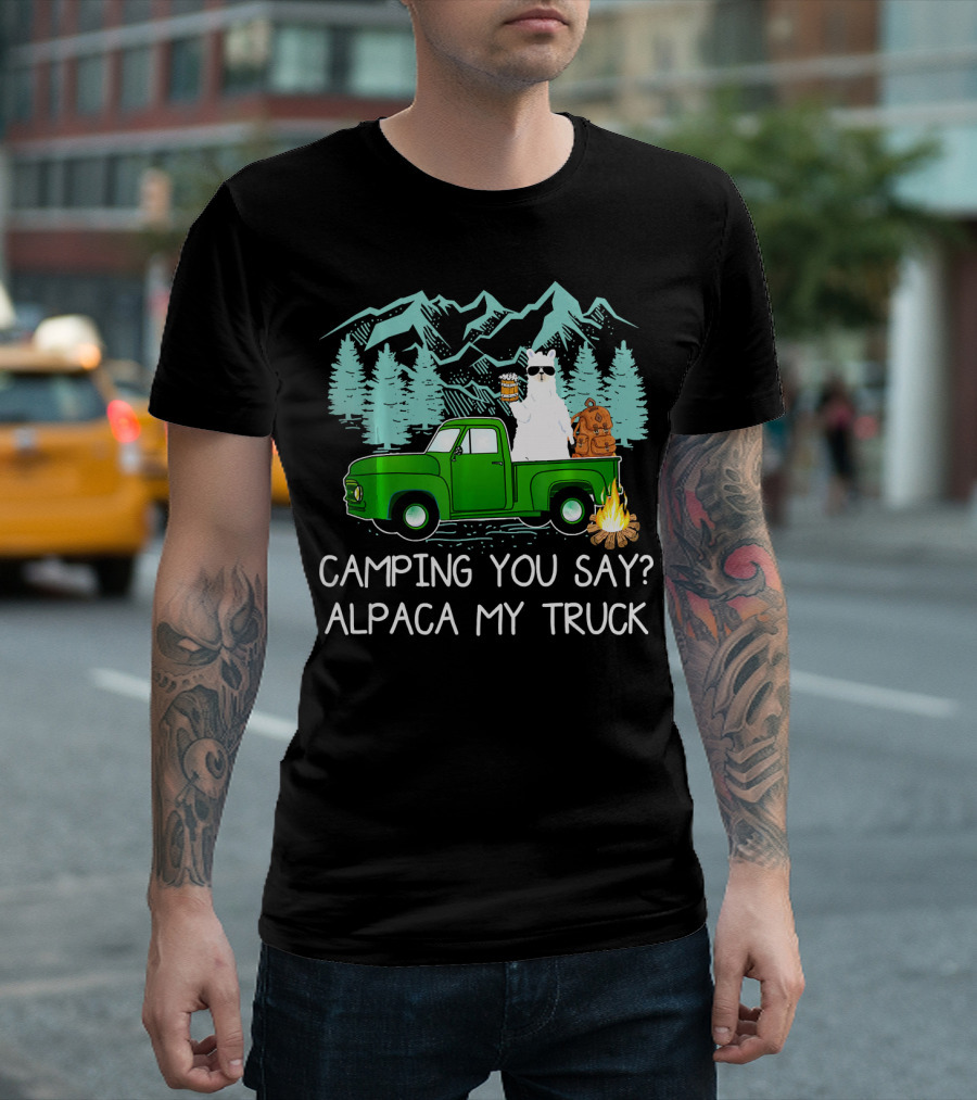 Camping You Say Alpaca My Truck Llama Mountains Campfire Forest Scene T-Shirt