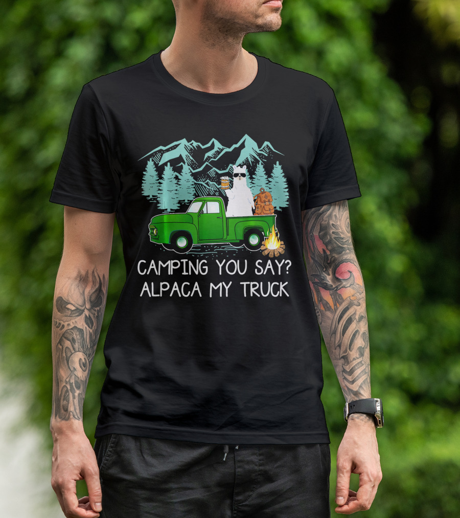 Camping You Say Alpaca My Truck Llama Mountains Campfire Forest Scene T-Shirt