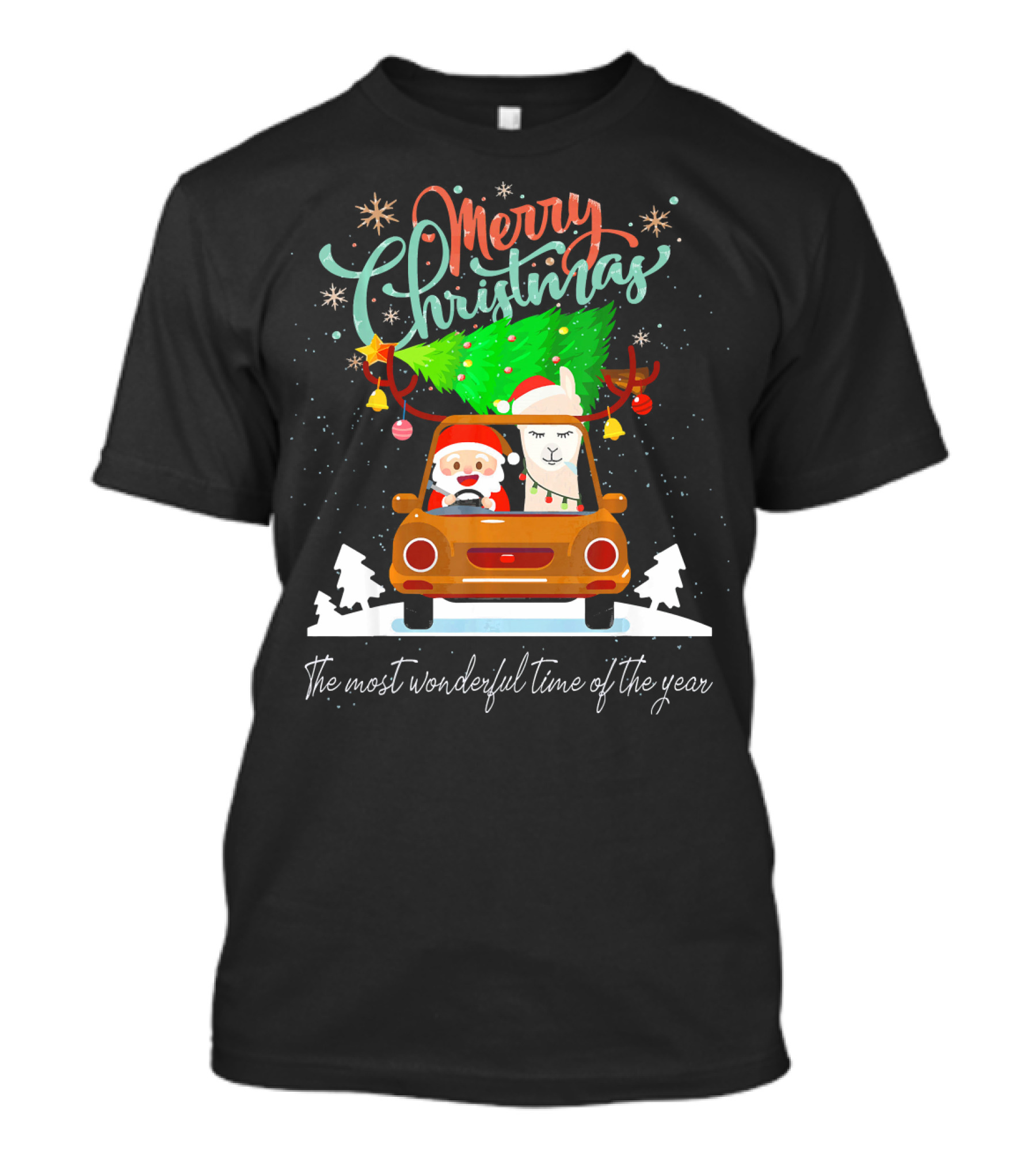 Merry Christmas Santa And Llama In Car With Tree The Most Wonderful Time Of The Year T-Shirt