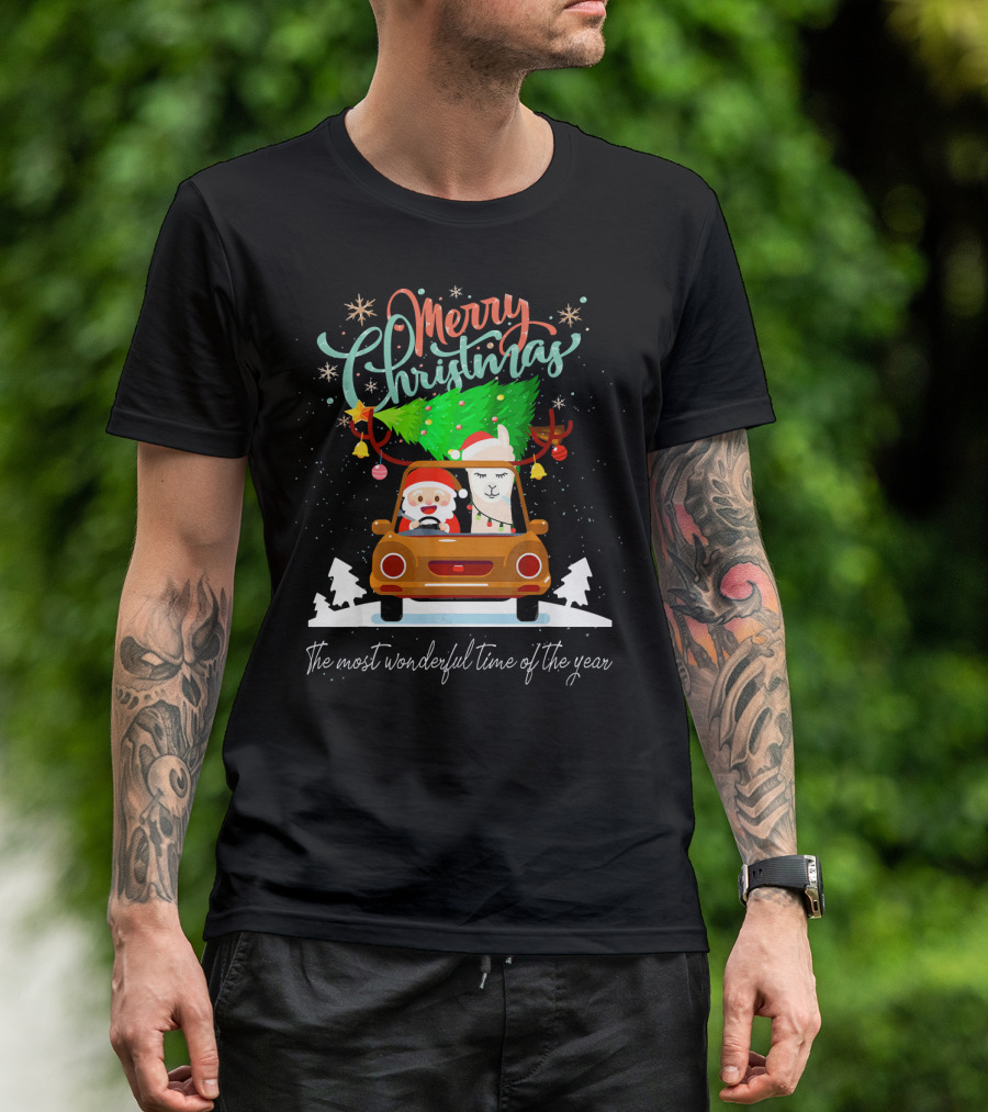 Merry Christmas Santa And Llama In Car With Tree The Most Wonderful Time Of The Year T-Shirt