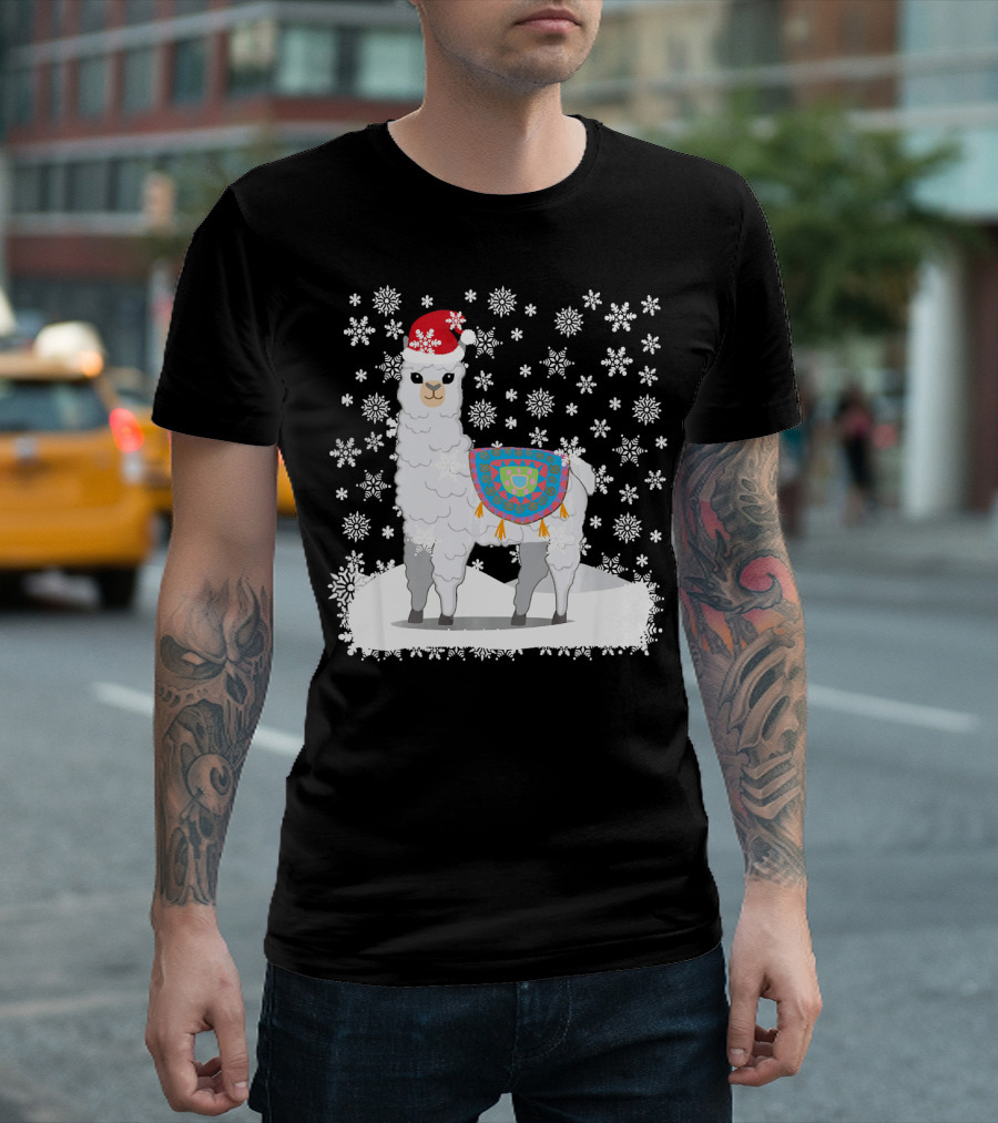 Christmas Llama Snowflakes Santa Hat T-Shirt