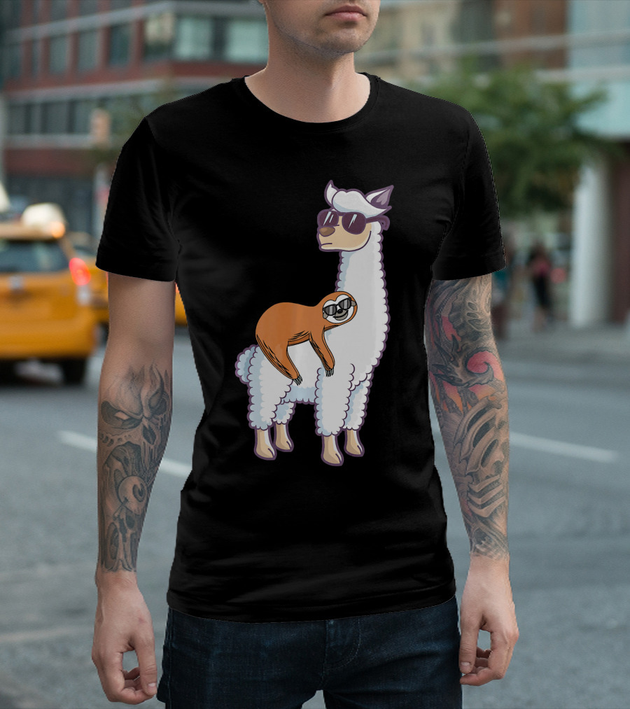 Cool Llama Wearing Sunglasses With Lazy Sloth Riding T-Shirt