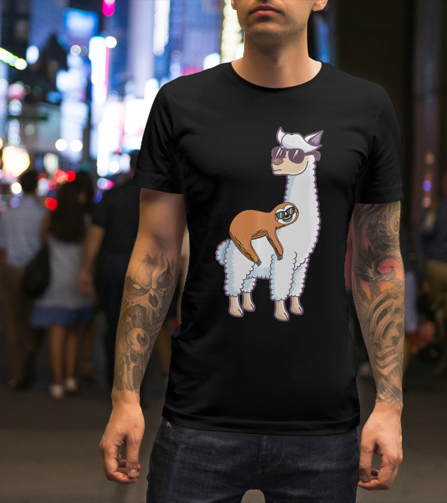 Cool Llama Wearing Sunglasses With Lazy Sloth Riding T-Shirt