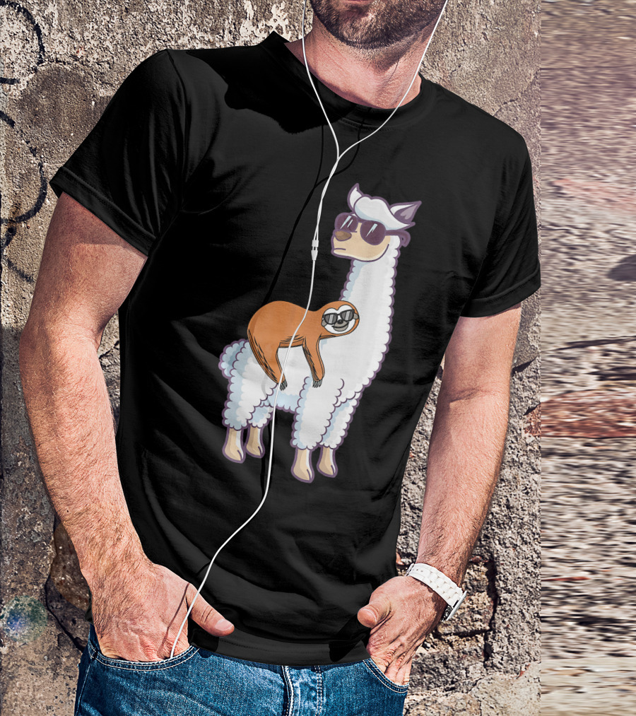 Cool Llama Wearing Sunglasses With Lazy Sloth Riding T-Shirt