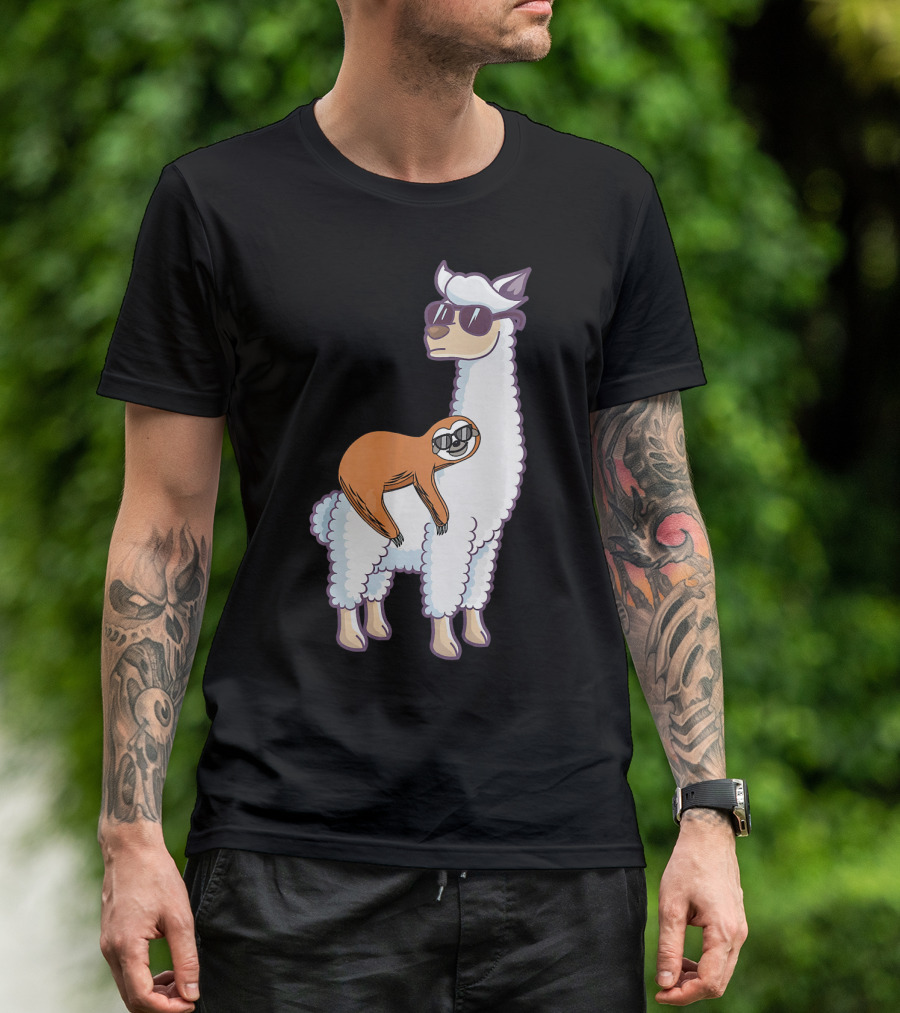 Cool Llama Wearing Sunglasses With Lazy Sloth Riding T-Shirt