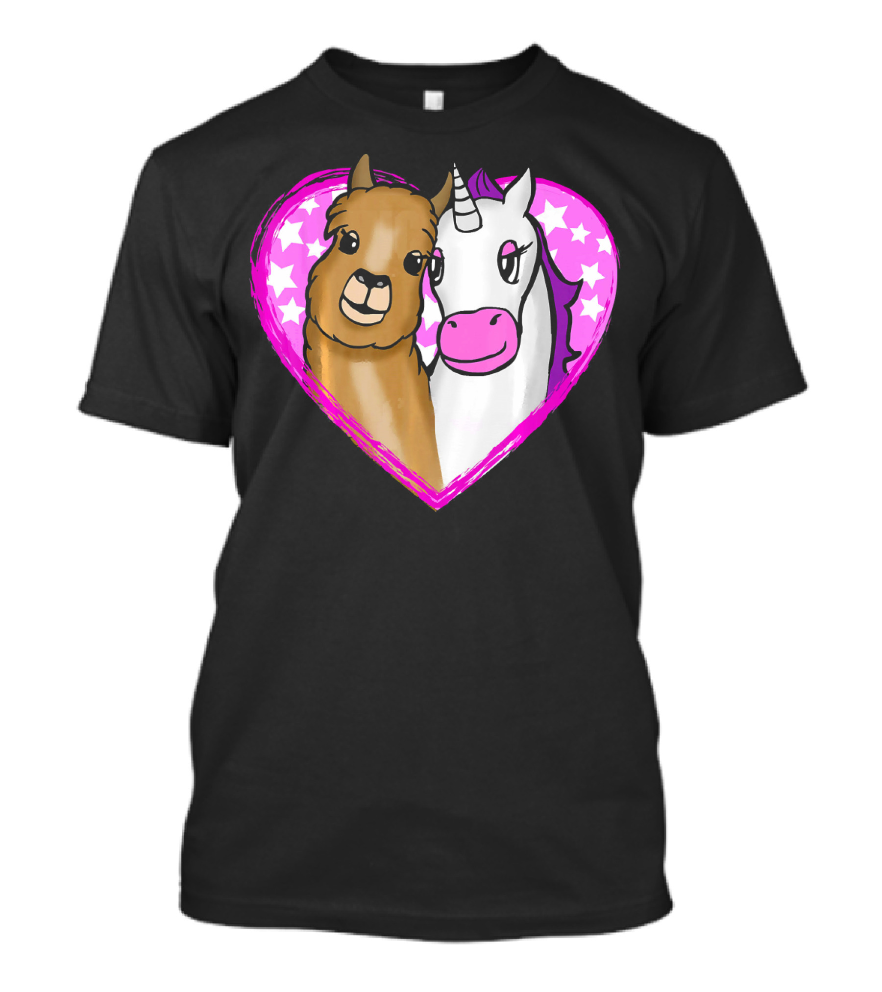 Cute Llama Alpaca And Unicorn In Pink Star Heart T-Shirt
