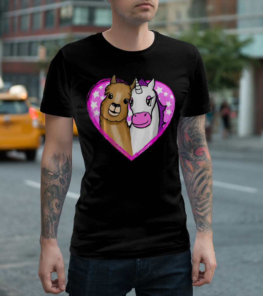 Cute Llama Alpaca And Unicorn In Pink Star Heart T-Shirt