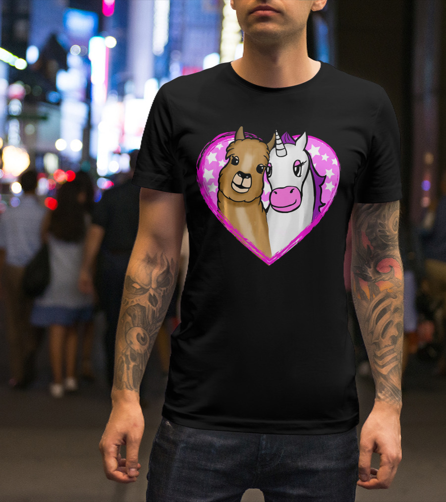Cute Llama Alpaca And Unicorn In Pink Star Heart T-Shirt