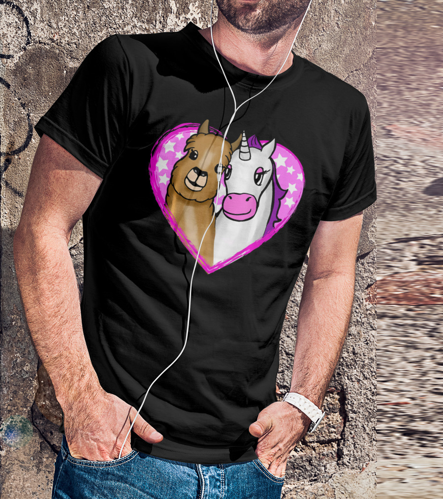 Cute Llama Alpaca And Unicorn In Pink Star Heart T-Shirt