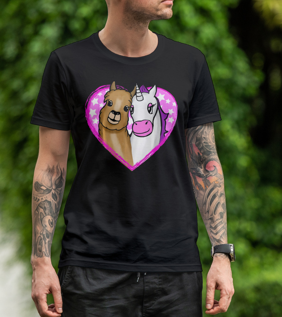Cute Llama Alpaca And Unicorn In Pink Star Heart T-Shirt