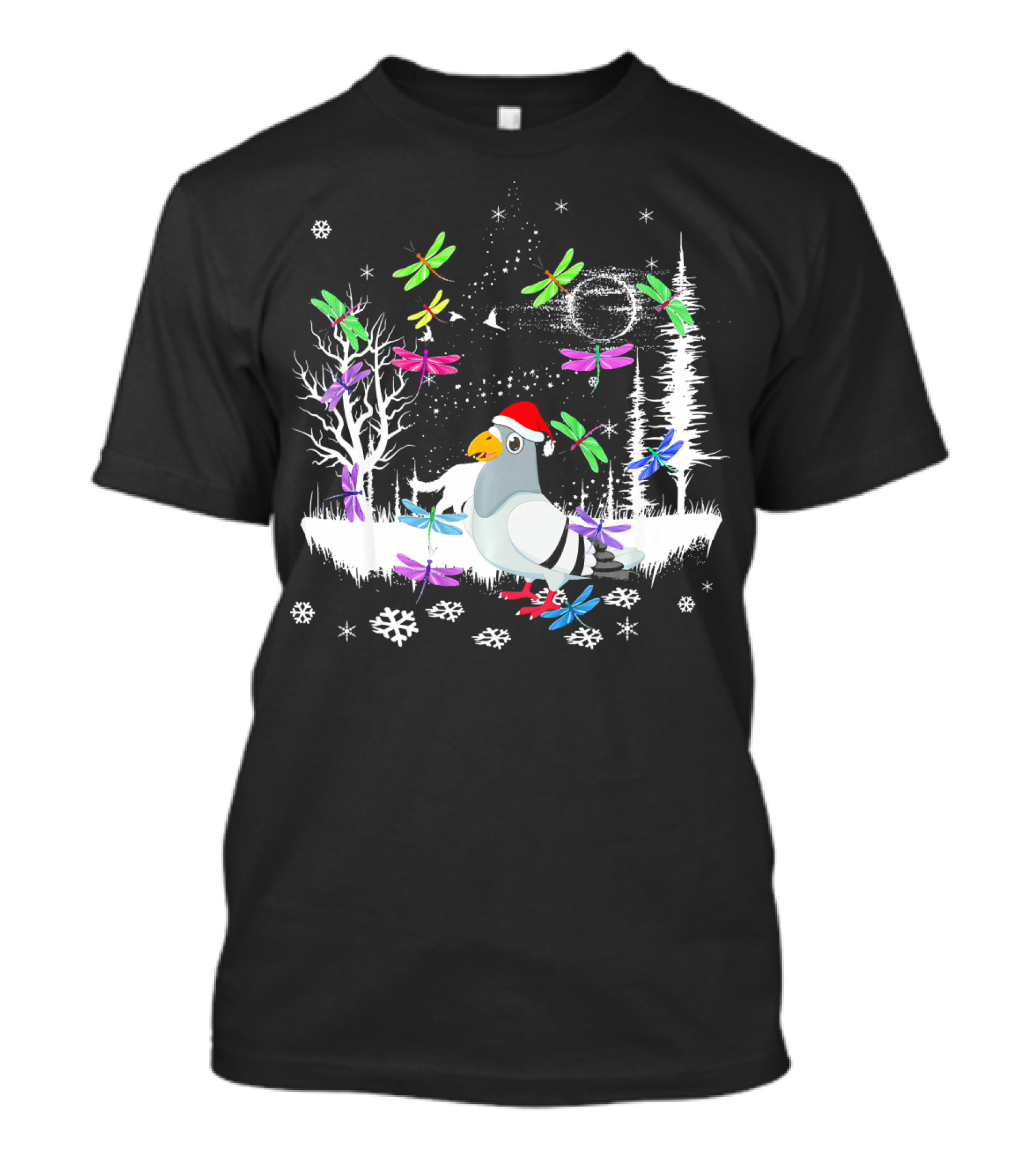 Cute Pigeon With Santa Hat In Winter Wonderland Surrounded By Colorful Dragonflies And Snowflakes T-Shirt