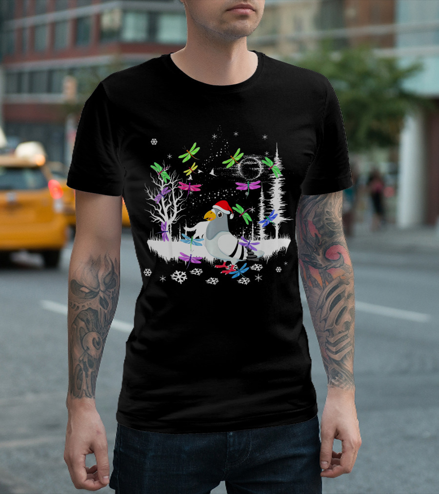 Cute Pigeon With Santa Hat In Winter Wonderland Surrounded By Colorful Dragonflies And Snowflakes T-Shirt