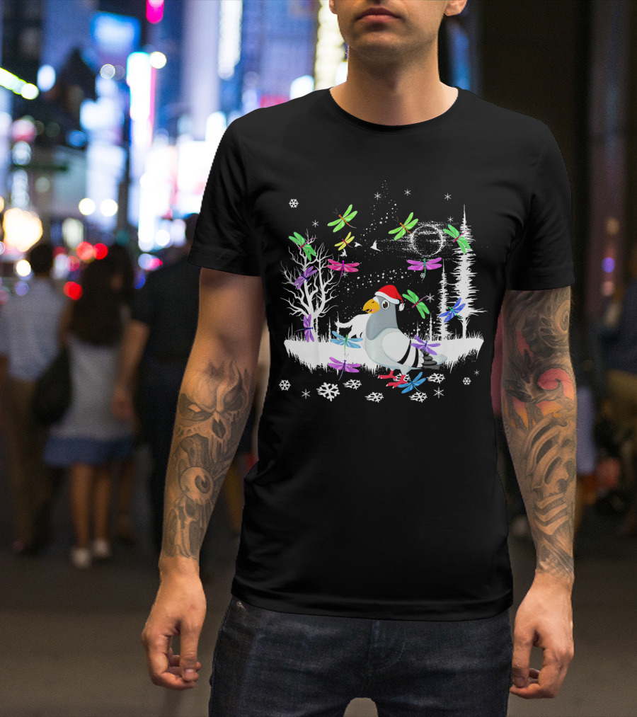 Cute Pigeon With Santa Hat In Winter Wonderland Surrounded By Colorful Dragonflies And Snowflakes T-Shirt