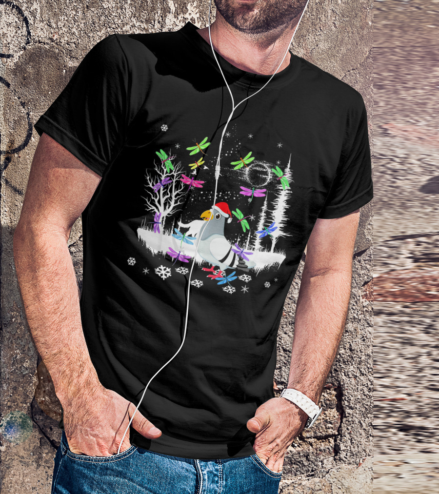 Cute Pigeon With Santa Hat In Winter Wonderland Surrounded By Colorful Dragonflies And Snowflakes T-Shirt