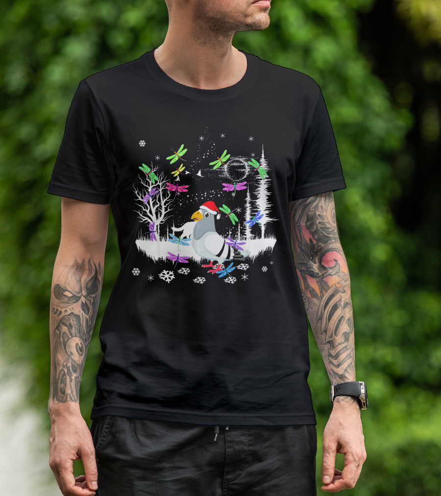 Cute Pigeon With Santa Hat In Winter Wonderland Surrounded By Colorful Dragonflies And Snowflakes T-Shirt