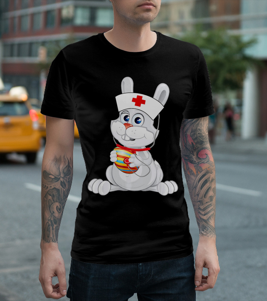 Cute Rabbit Bunny Nurse With Easter Egg And Stethoscope T-Shirt