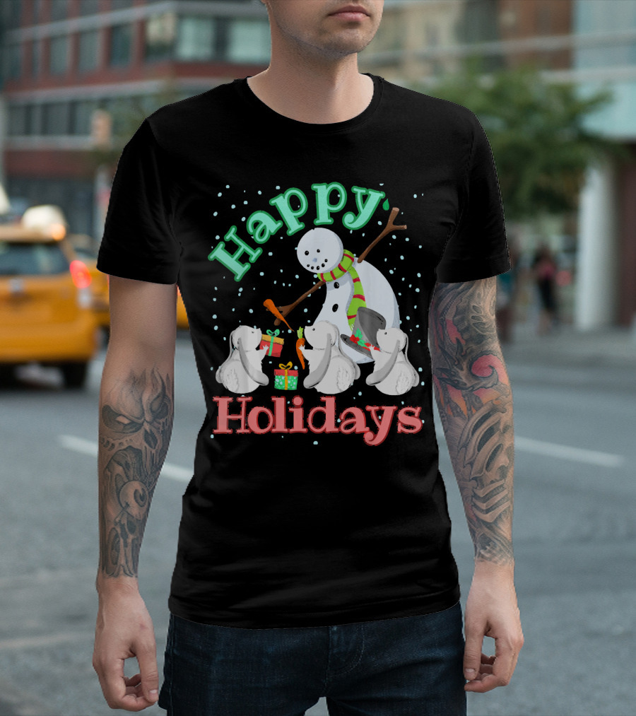 Happy Holidays Snowman and Bunnies with Presents T-Shirt