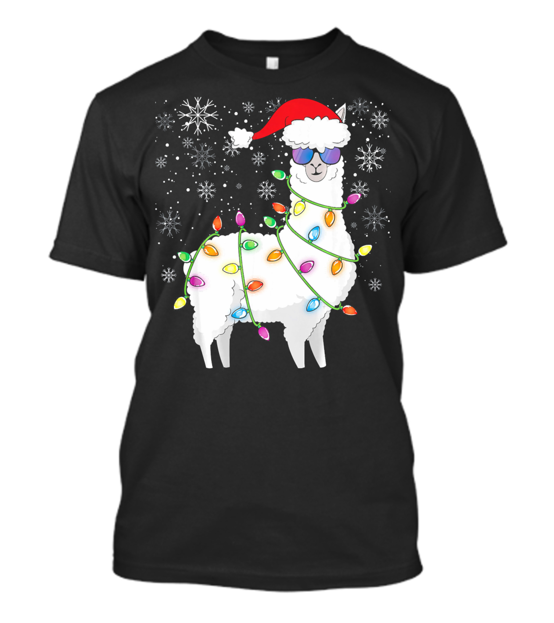 Christmas Llama Funny Xmas Lights Santa Hat And Snowflakes T-Shirt