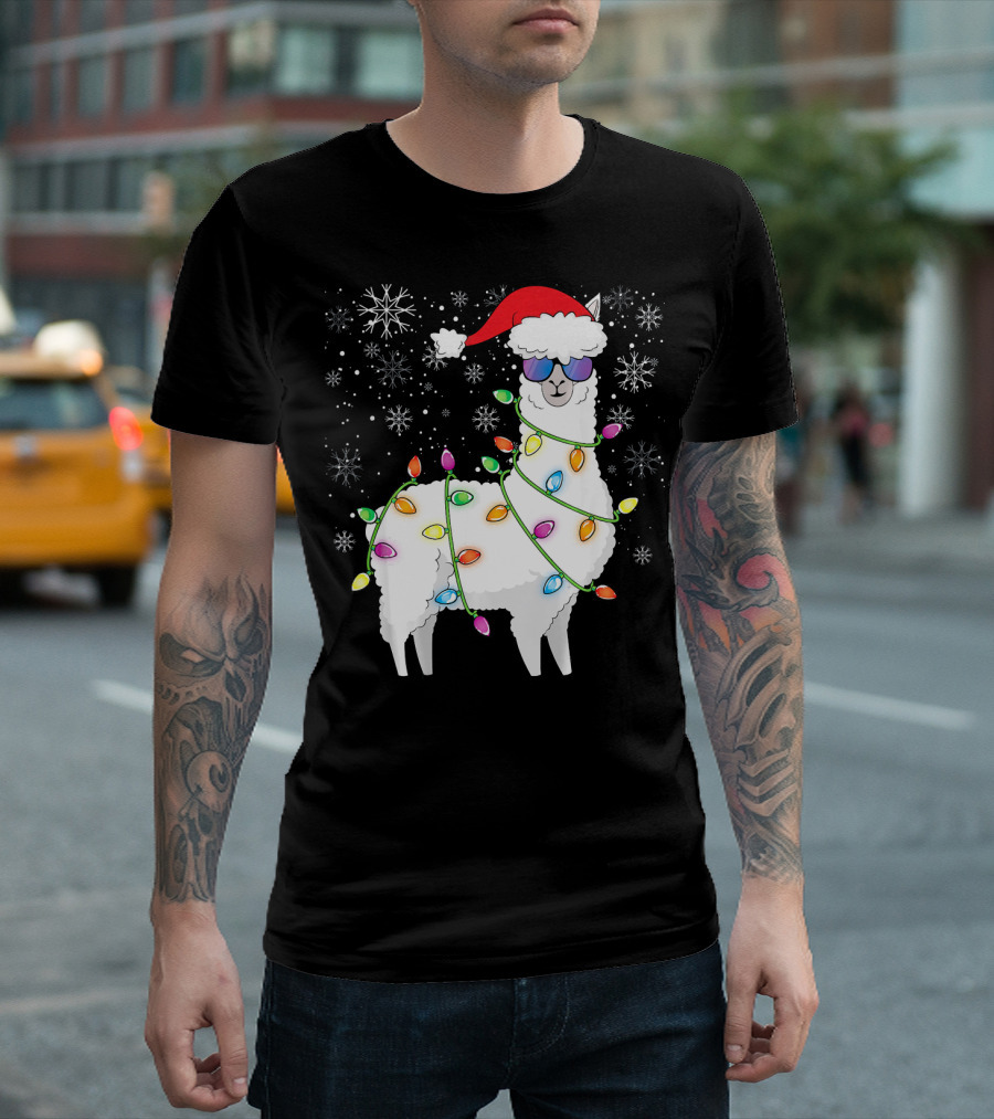 Christmas Llama Funny Xmas Lights Santa Hat And Snowflakes T-Shirt
