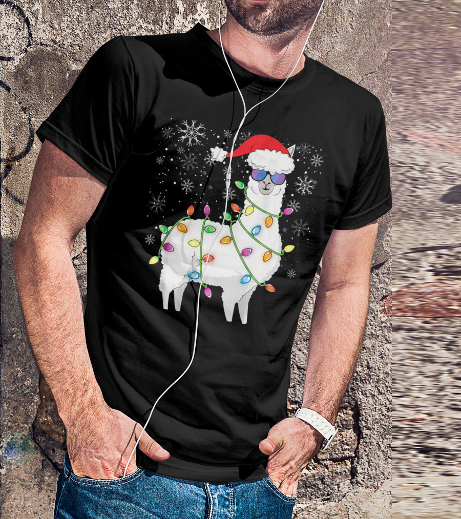Christmas Llama Funny Xmas Lights Santa Hat And Snowflakes T-Shirt