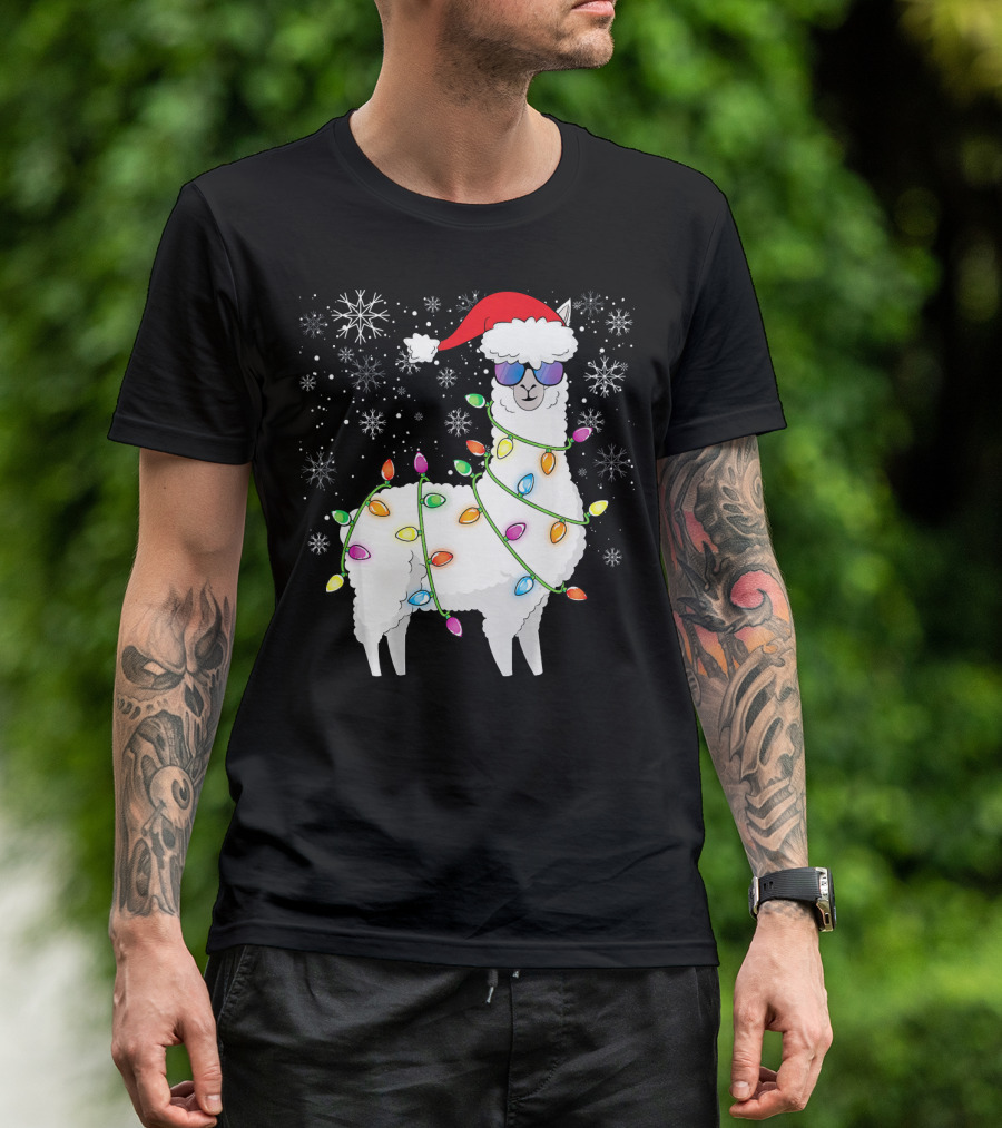 Christmas Llama Funny Xmas Lights Santa Hat And Snowflakes T-Shirt