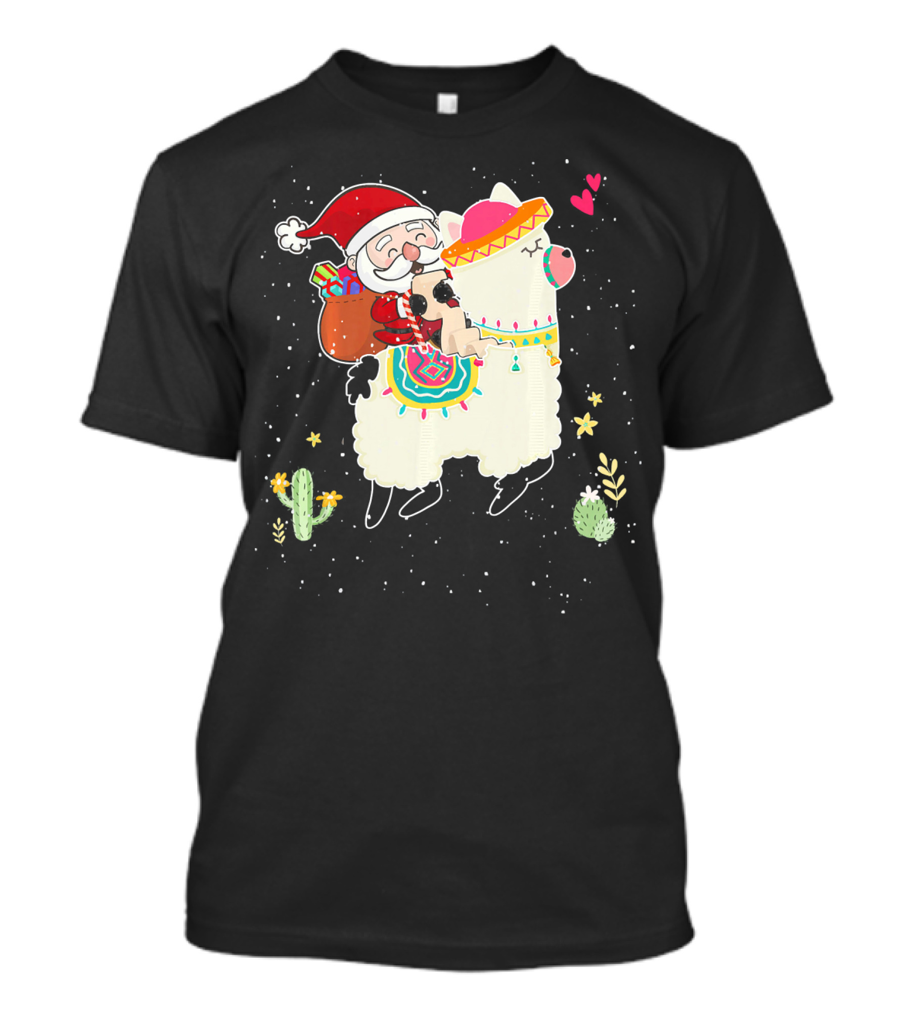 Cute Santa Riding Colorful Llama Alpaca With Cacti And Stars T-Shirt