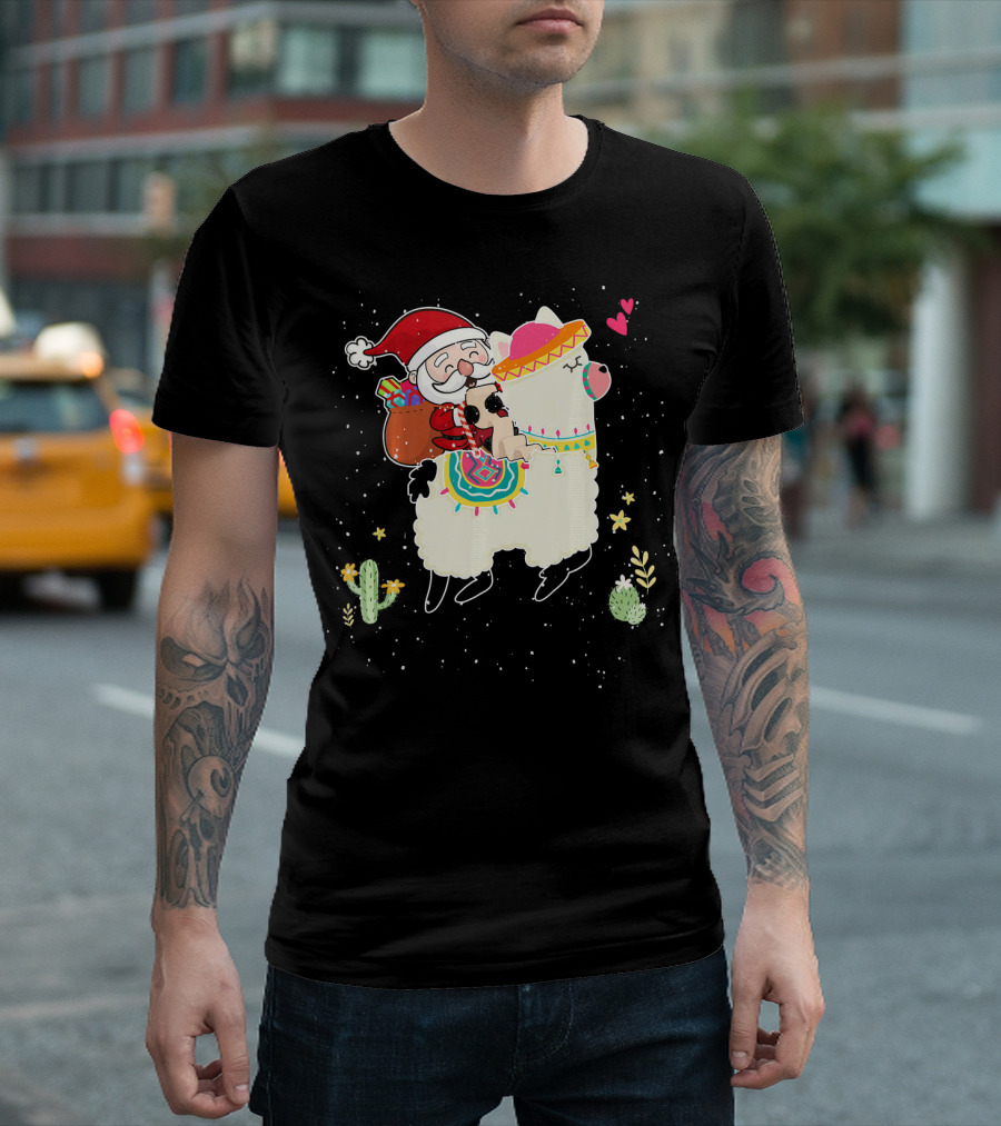 Cute Santa Riding Colorful Llama Alpaca With Cacti And Stars T-Shirt