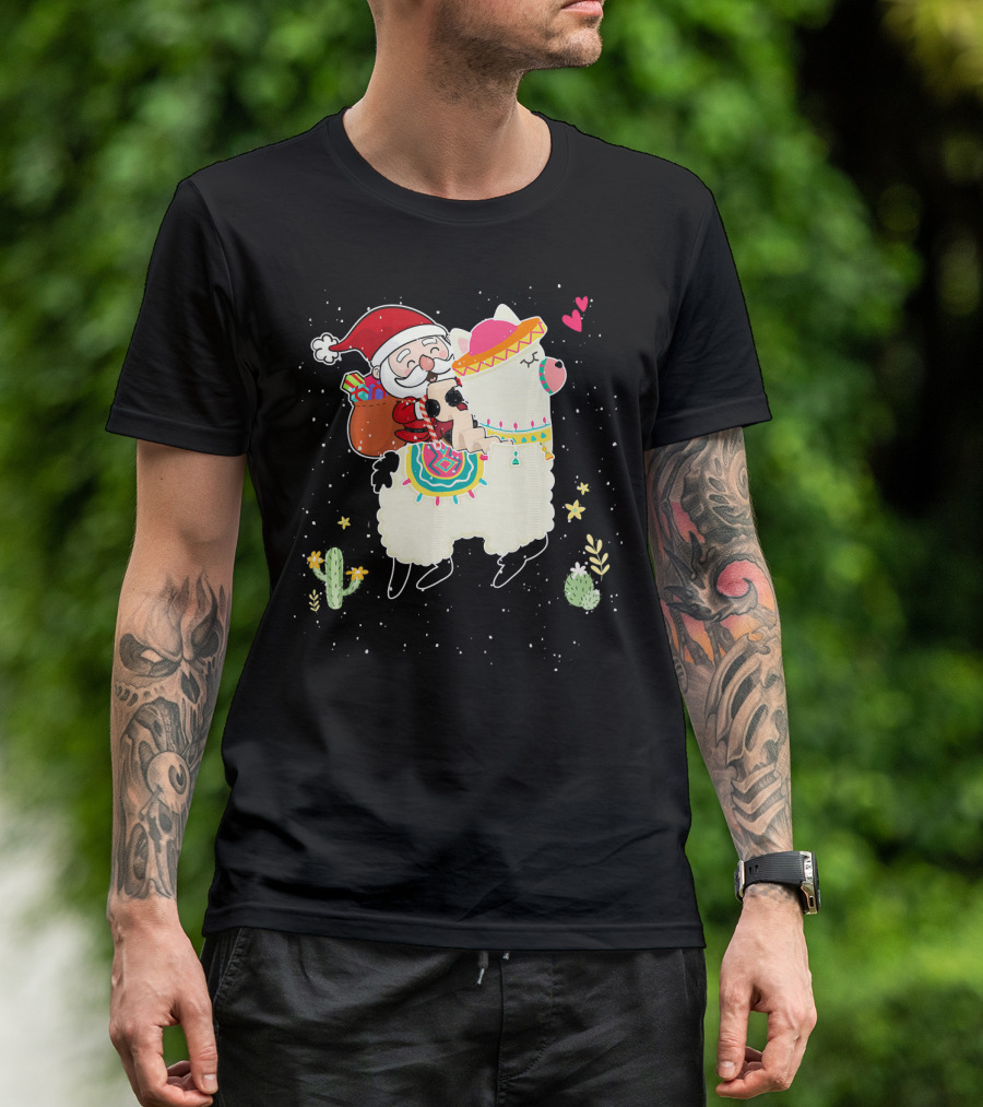 Cute Santa Riding Colorful Llama Alpaca With Cacti And Stars T-Shirt