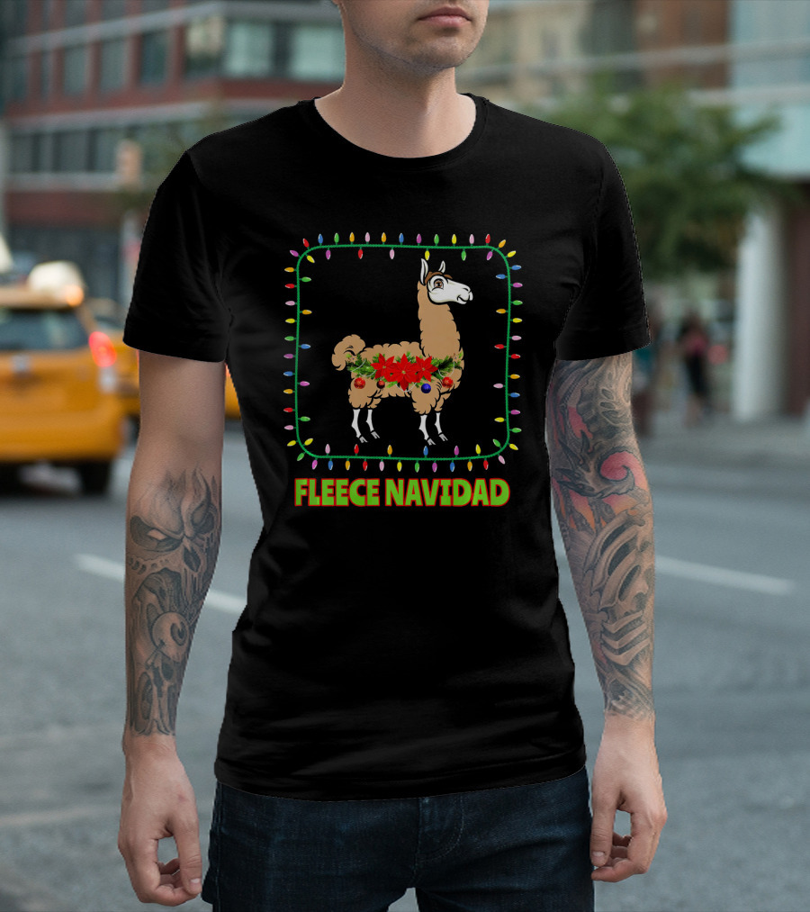 Fleece Navidad Funny Alpaca with Christmas Lights and Flowers T-Shirt