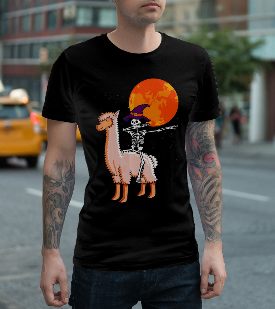 Alpaca Llama Halloween Costume Cute Dabbing Skeleton Witch Moon T-Shirt