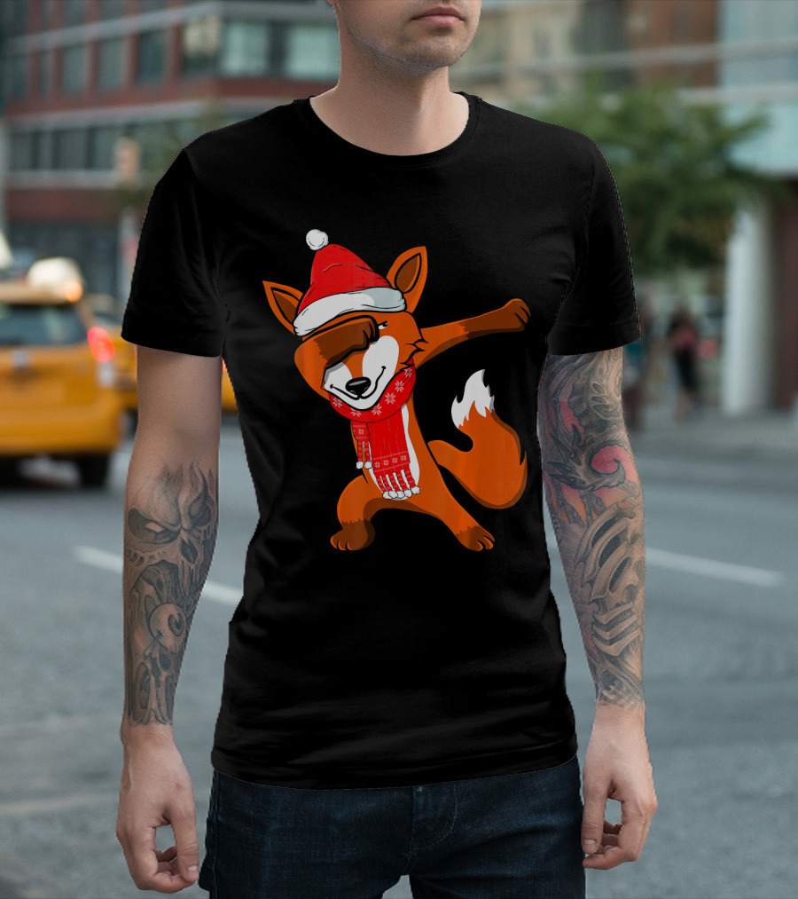 Dabbing Fox Wearing Santa Hat and Scarf Funny Christmas Costume Part T-Shirt