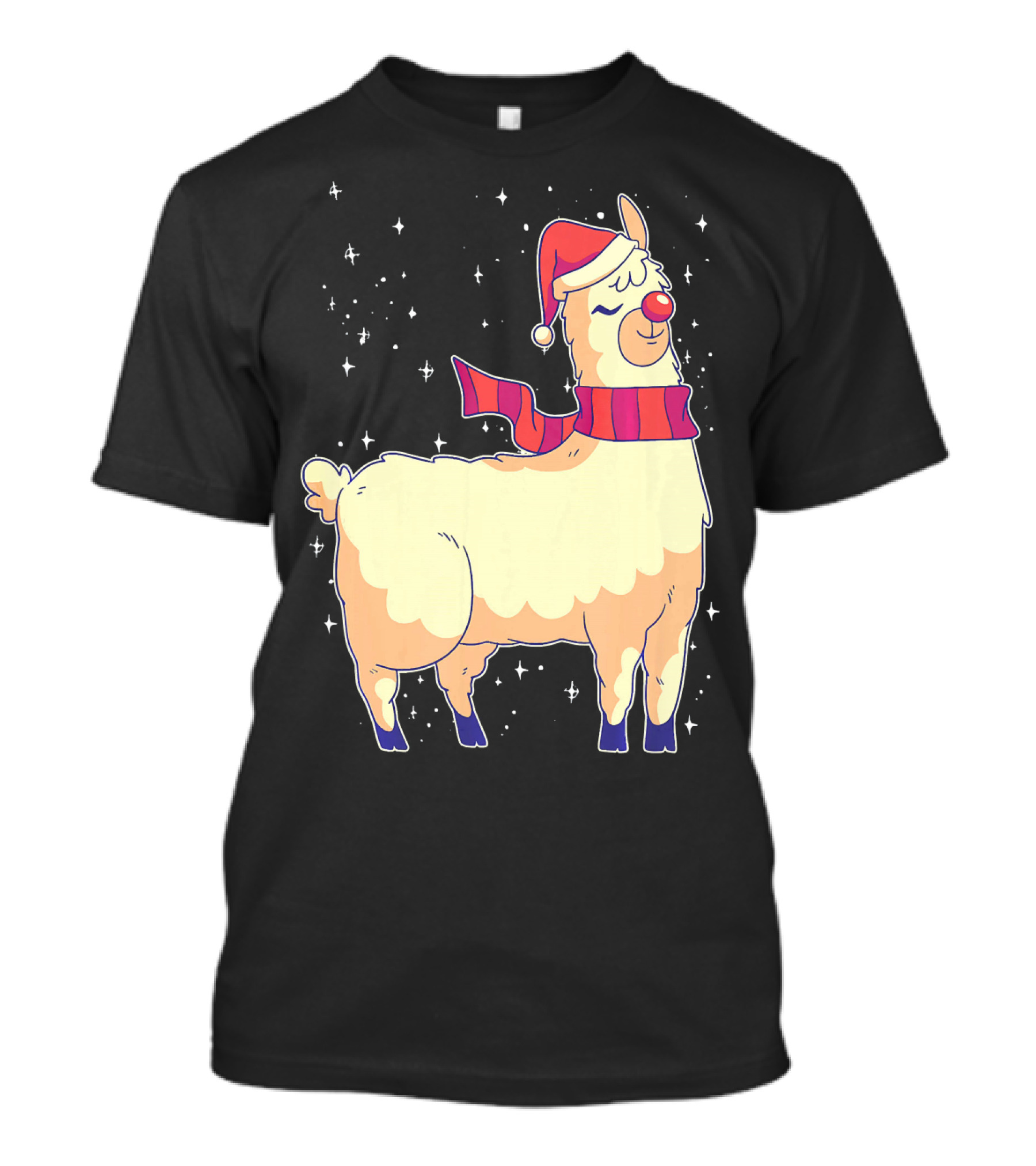 Christmas Llama Santa Hat Funny Alpaca With Scarf And Sparkling Stars T-Shirt