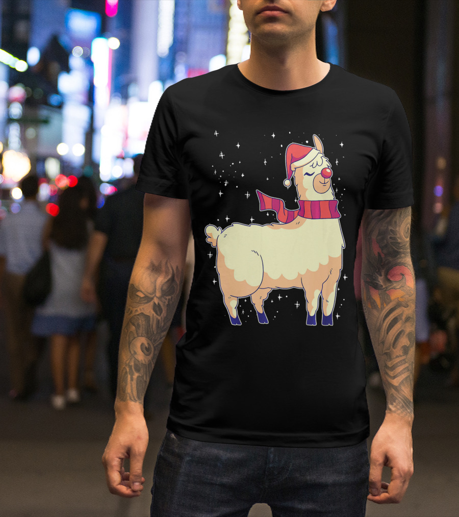 Christmas Llama Santa Hat Funny Alpaca With Scarf And Sparkling Stars T-Shirt