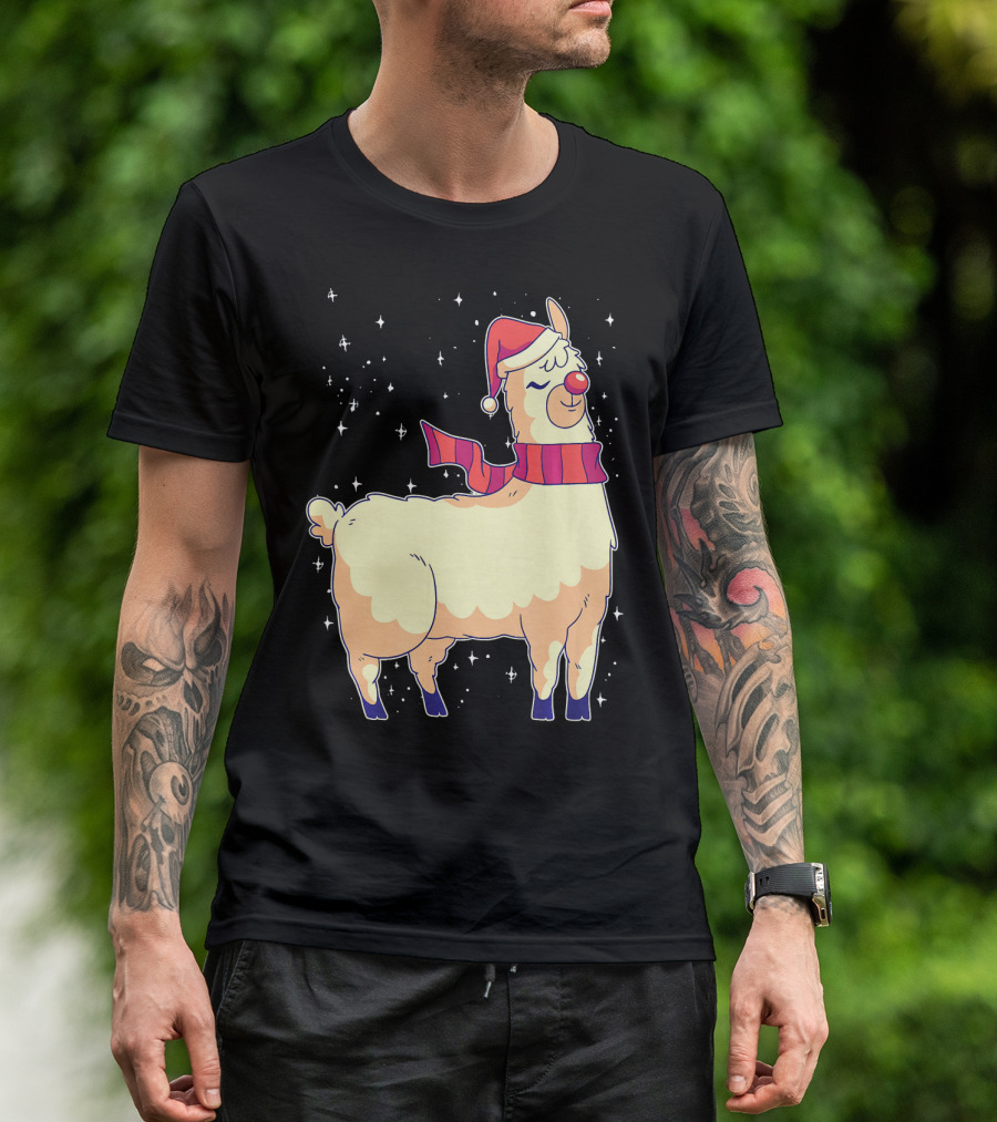 Christmas Llama Santa Hat Funny Alpaca With Scarf And Sparkling Stars T-Shirt