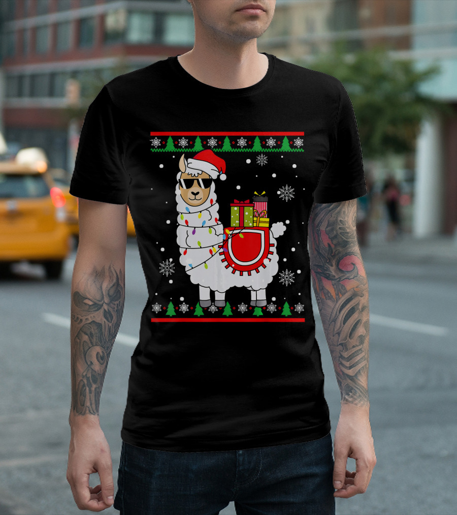 Christmas Llama Alpaca Wearing Santa Hat with Festive Gifts and Snowflakes T-Shirt