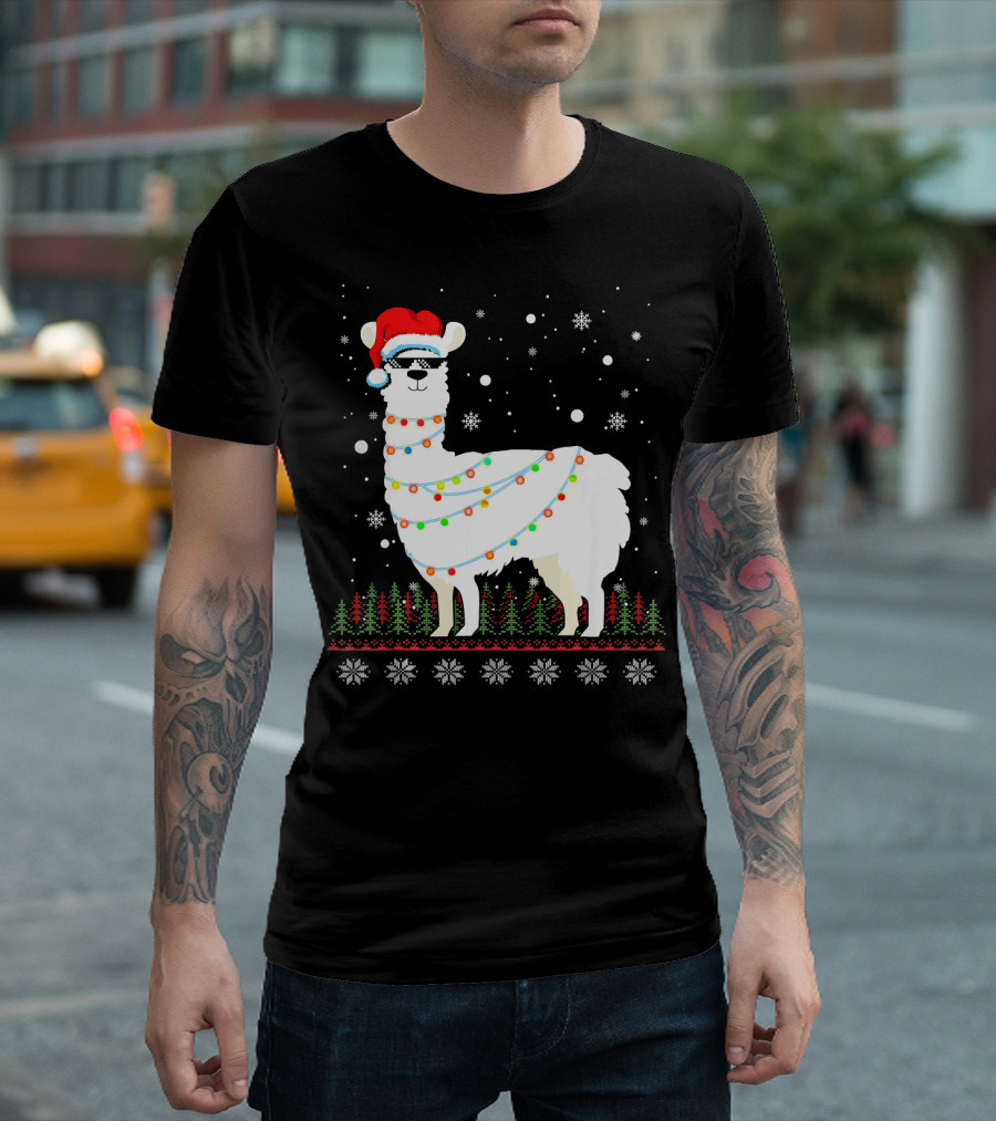 Christmas Llama Santa Hat Glasses Ugly Sweater Lights Snowflakes Trees T-Shirt