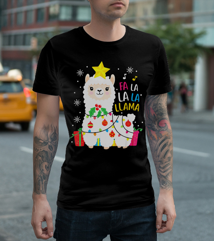 Fa La La Llama Christmas Tree with Snowflakes and Presents T-Shirt