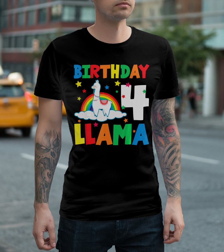 Birthday 4 Llama Rainbow Stars T-Shirt