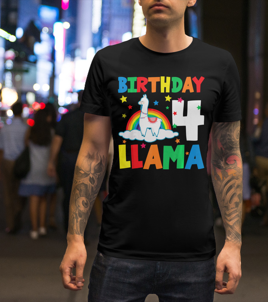 Birthday 4 Llama Rainbow Stars T-Shirt