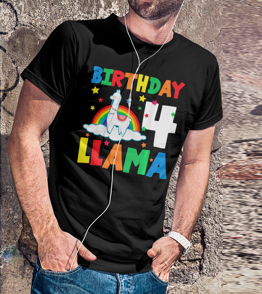 Birthday 4 Llama Rainbow Stars T-Shirt