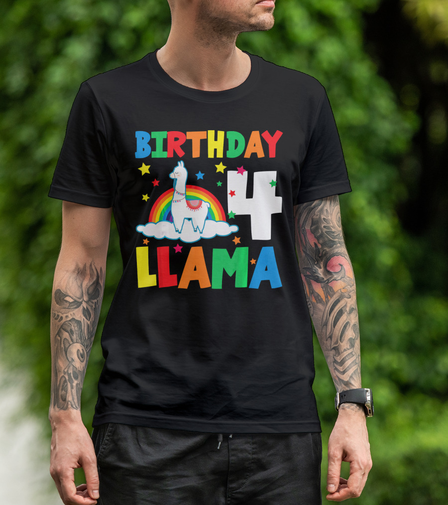 Birthday 4 Llama Rainbow Stars T-Shirt