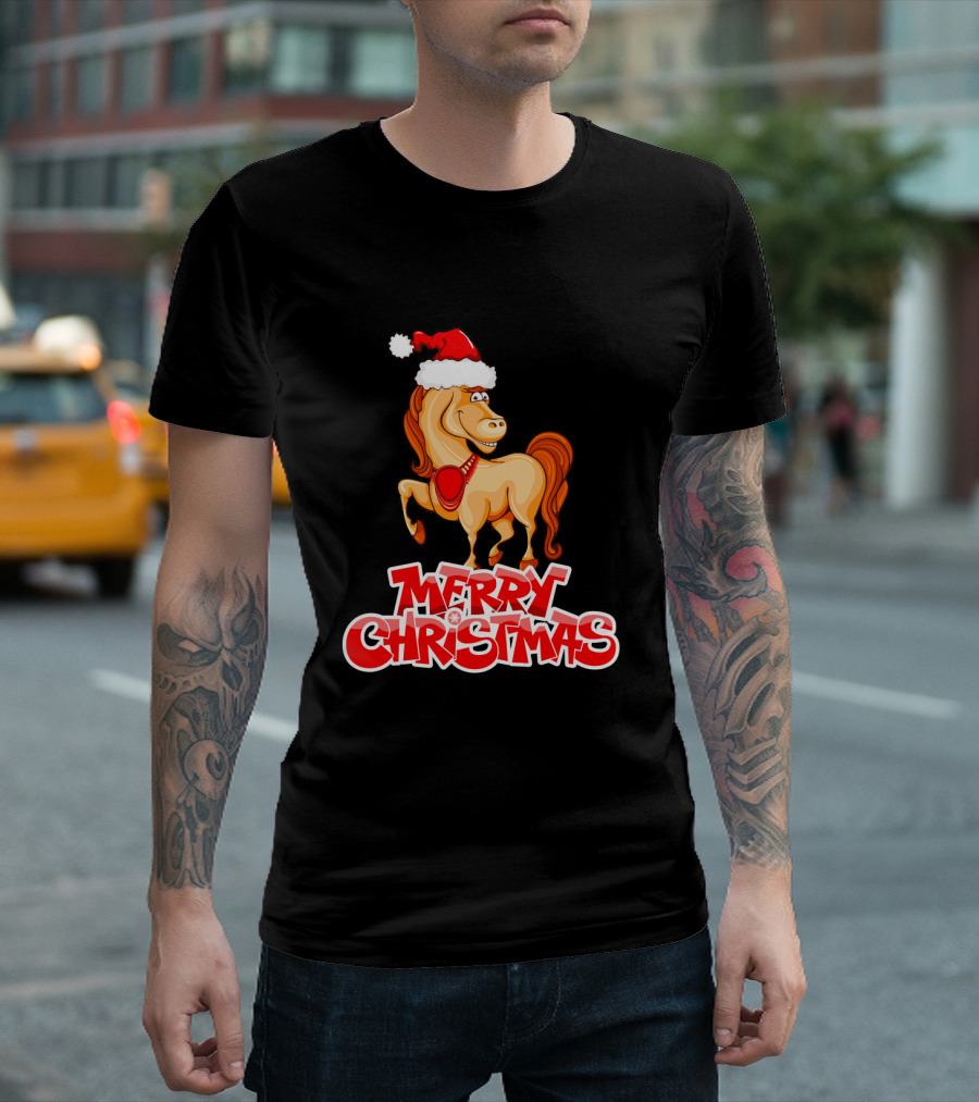 Merry Christmas Horse Santa Hat T-Shirt