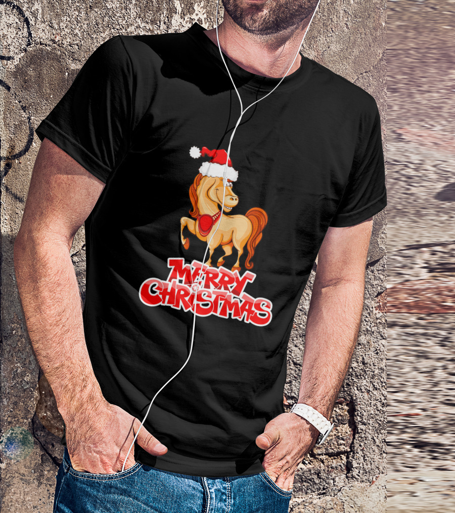 Merry Christmas Horse Santa Hat T-Shirt