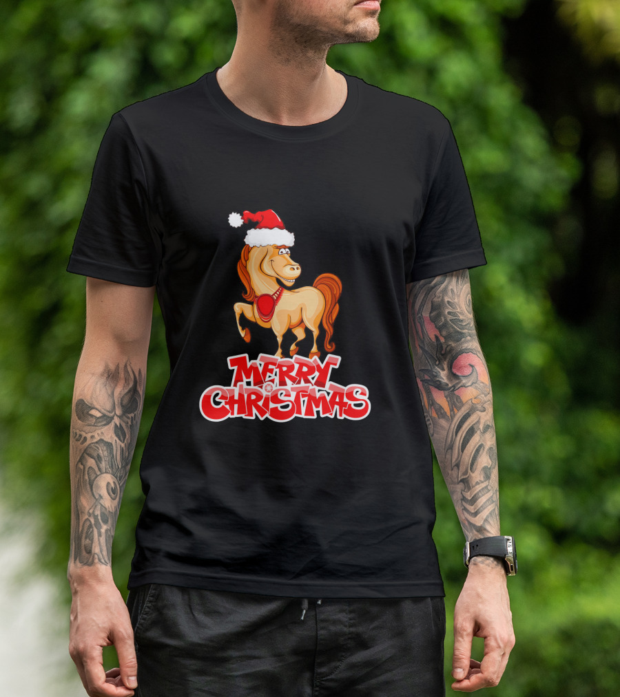 Merry Christmas Horse Santa Hat T-Shirt