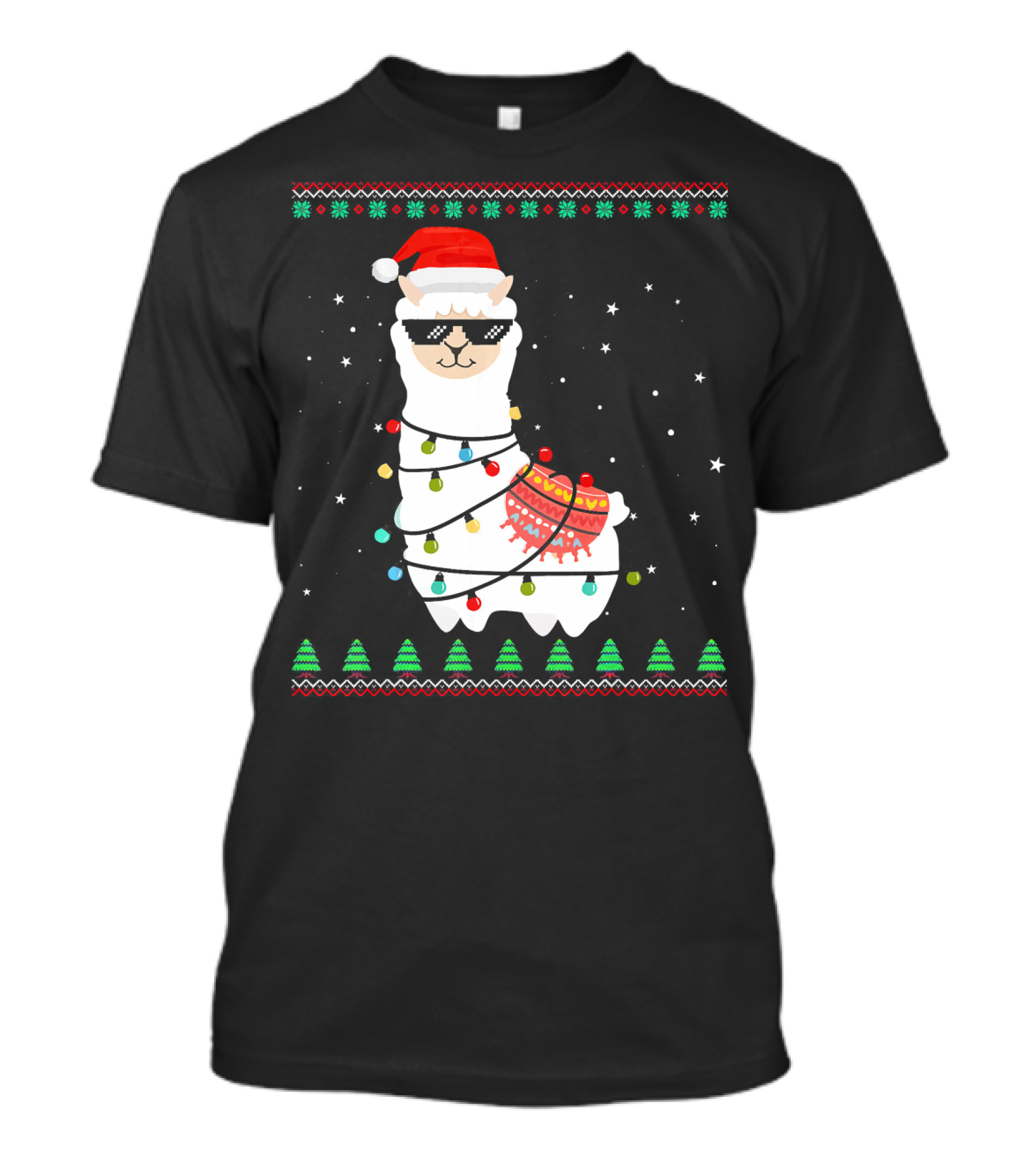 Christmas Llama Santa Hat Sunglasses Festive Lights Sweater Snowflakes T-Shirt