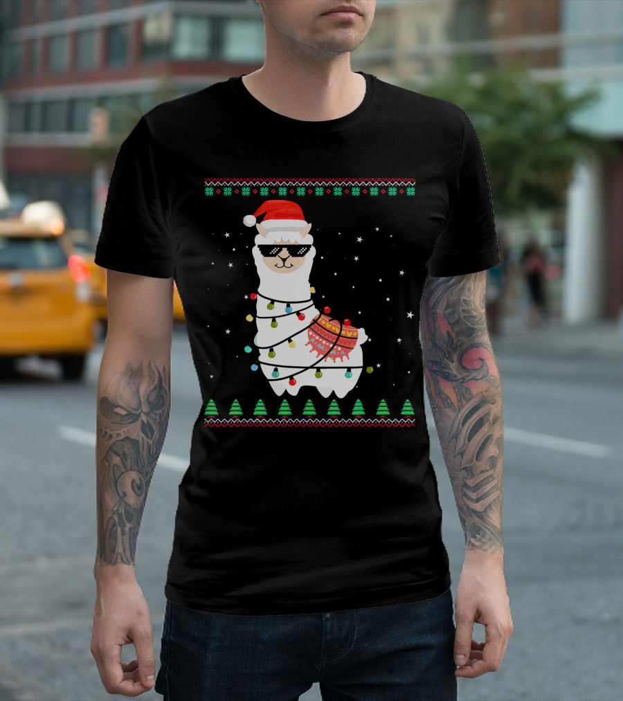 Christmas Llama Santa Hat Sunglasses Festive Lights Sweater Snowflakes T-Shirt